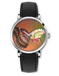 SPRAWL Aanalog Fashion Series Silver Ladies Watches of Genuine Black Leather Strap,Unique Wrist Watch for Women Girls Designed with Butterfly on a flower