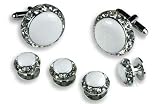 Cufflinks and Stud Set - White Center with Sparkling Diamond Like Casing, Silver