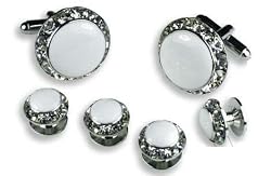 Cufflinks and Stud Set - White Center with Sparkling Diamond Like Casing, Silver