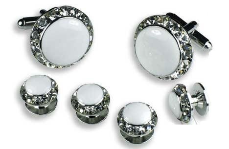 Click here to buy Cufflinks and Stud Set - White Center with Sparkling Diamond Like Casing, Silver.