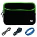 Green Trim Durable Scratch Resistant Neoprene Sleeve Protective Carrying Case for Amazon Kindle Fire 7-inch Multi Touch Screen Tablet - 8GB Android Wireless (Wifi) Tablet + Black USB Car Charger + Black Micro USB Sync Data Cable + SumacLife TM Wisdom Courage Wristband
