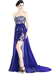 Sexy Strapless Cocktail Sheath Lace Chiffon Homecoming Dress/Prom Dress/Wedding Party Dress  with a Court Train 