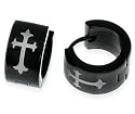 Pair of Small/Discreet Crucifix Black Stainless Steel Hoop Earrings - Supplied in Gift Pouch