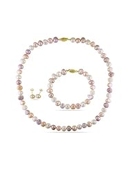 14k Yellow Gold Freshwater Pearl Set of Necklace and Earrings with Bracelet (17")