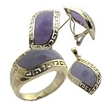 Lavender Jade Rivus with Greek Key Border Earring, Ring and Pendant Set, 14k Gold