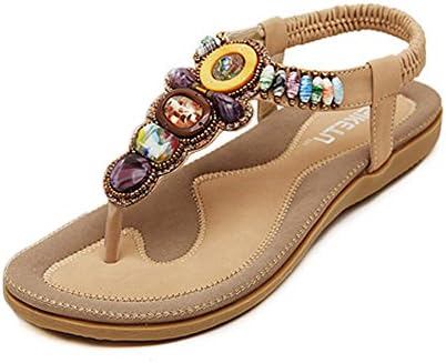 Qianbo Women's Casual Style Thong Sandals With Bohemian Beads Apricot US 7