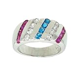 Channel Set Red White and Blue Subtle Patriotic Silvertone Fashion Ring in Cubic Zirconia
