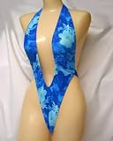 Deep V Plunge Sling-Shot Thong Back Blue Water Hibiscuss Print