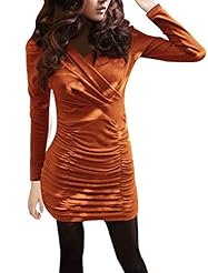 V-neck Gathered Stretchy Shirred Cotton/Polyester Puff Sleeves Mini Dress 