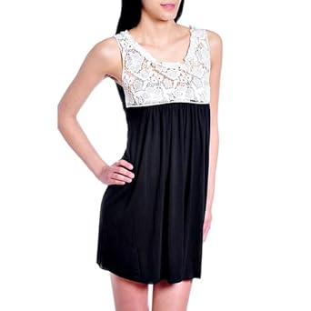 Sleeveless Flowing Short Black Dress With Cream Lace Bust