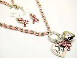 Pink Ribbon Faith Love Hope Necklace and Earrings Set