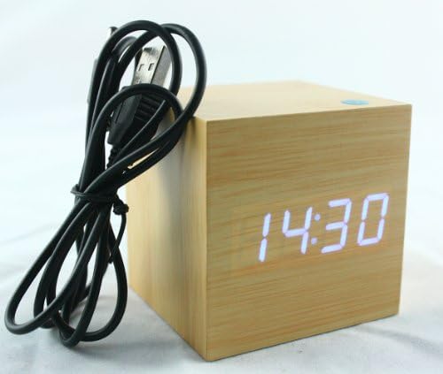PDXD Mini Cube Imitation Wooden Digital Alarm Clock For Friends and Kids (Bamboo Cover Blue LED)