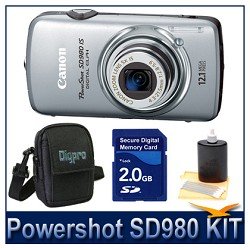 Canon Powershot SD980IS Silver 12MP Digital ELPH Camera with 5x Ultra Wide Angle Optical Image Stabilized Zoom and 3-inch LCD Bundle w/ 2GB SD Memory Card, Case and Lens Cleaning Kit