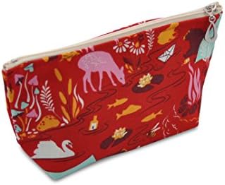 Dana Herbert Designer Travel Cosmetic Tolietries Bag, Size Small 4x7 inch Cotton with Plastic Liner, Handmade in USA, Red Camping Pattern