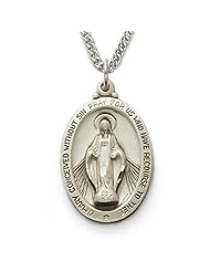 .925 Sterling Silver Oval Miraculous Medal, Virgin Mary, Immaculate Conception Pendant in a Satin Finish and Engraved Design Catholic Jewelry Miraculous Patron Saint Medal Pendant Catholic Gift Boxed.w/Chain Necklace 24" Length Gift Boxed.
