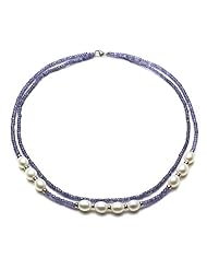Sterling Silver 8-9mm Cultured Freshwater Pearl 2 Row 3-4mm Tanzanite Necklace 18-19" Length.