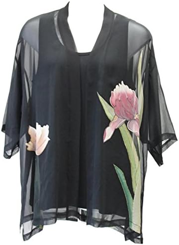 Women's Hand Painted Black Iris Silk Kimono Jacket Art to Wear One Size Plus