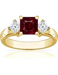 18K Yellow Gold Princess Cut Ruby Three Stone Ring