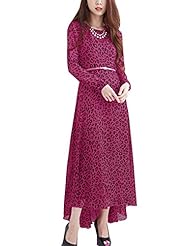 Long Sleeves Round Neck Leopard Print Chiffon/Cotton/Polyester Belted  Dress