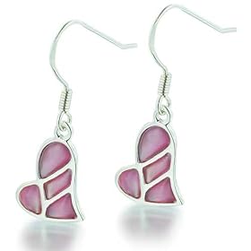 Sterling Silver Faux Mother Of Pearl Pink Heart Dangle Earrings