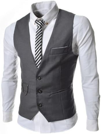 TheLees Mens slim fit chain point 3 button vest Dark gray Large(US Medium)