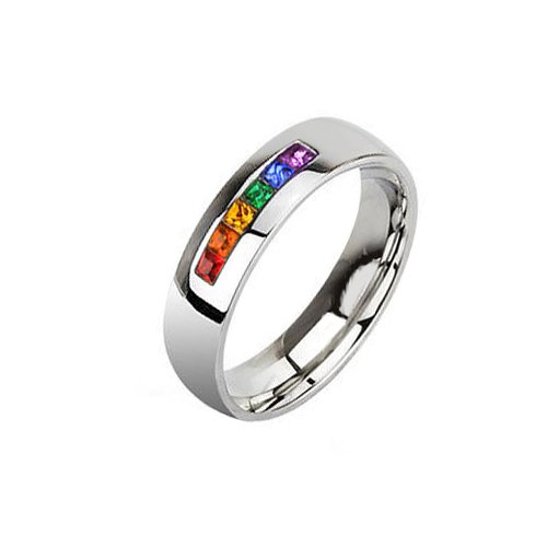 BodyJ4You Ring Rainbow Stainless Steel Band Princess Cut Rainbow Crystals