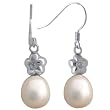 Crystal Flower Top White Cultured Pearl Carefree Platinum Overlay Sterling Silver Drop Earrings