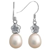 Crystal Flower Top White Cultured Pearl Carefree Platinum Overlay Sterling Silver Drop Earrings