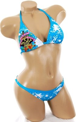  Sexy Bathing Suit Blue Cute Trendy Graphic Skull Tattoo Print Bikini Two Piece Swimsuit 