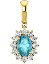 14K Yellow Gold 7.00x5.00mm Oval Cut Blue Zircon and Diamond Pendant -- LIFETIME WARRANTY