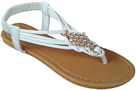 Elegant Women's Fashion White Color Gladiator Thong Flat Cute Sandals With Rhinestones White 6 , M US