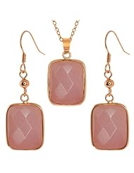 Jadelite Faceted Pink Color Oblong Pendant and Earrings Set With 18" Chain