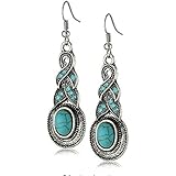Yazilind Ethnic Tibetan Silver Oval Rimous Turquoise Crystal Drop Dangle Earrings