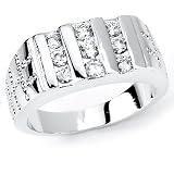 Solid Sterling Silver Cubic Zirconia Rhodium Plated Men's Ring with Three Rows of CZ Stones