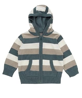 Stripe Hooded Zip Through Knitted Cardigan - Teal & Marl 