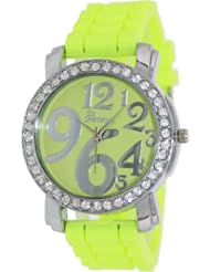 Geneva Platinum Womens 1309.NEONYELLOW.SILVER Yellow Silicone Quartz Watch with Yellow Dial