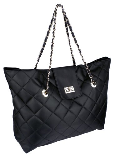 KACEY Classic Black Diamond Quilted Oversized Double Chain Tote Bag Hobo Satchel Handbag Purse
