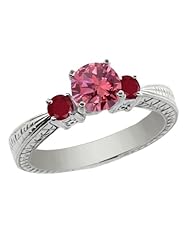 1.03 Ct Round Pink Diamond Red Ruby 925 Sterling Silver 3-Stone Ring