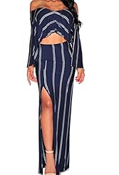 Spring Summer Winter Checkered Print Striped Print Long Sleeves Off the Shoulder Polyester/Spandex Maxi Dress 