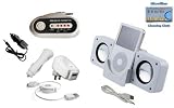 Portable Folding White Stereo Speaker with USB cable + FM Radio Transmitter with Car Cable + 3-in-1 Charger Kit for iPod, iPhone, Nano all Generations, Incl. DBROTH Microfiber Cleaning cloth