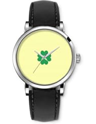 SPRAWL Aanalog Fashion Series Silver Ladies Watches of Genuine Black Leather Strap,Unique Wrist Watch for Women Girls Designed with Four Leaf Clover