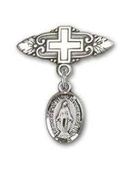 Sterling Silver Baby Badge with Miraculous Charm and Badge Pin with Cross