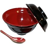 Happy Sales set of Rice Miso Soup Bowl with Lid and Spoon Black & Red Color 16 oz