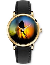 SPRAWL Aanalog Fashion Series Gold Ladies Watches of Genuine Black Leather Strap,Unique Wrist Watch for Women Girls Designed with Butterfly on a bud