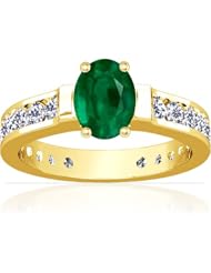 14K Yellow Gold Oval Cut Emerald Ring With Sidestones