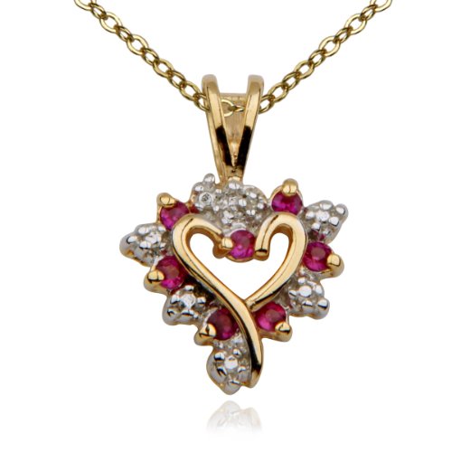 18k Yellow Gold Plated Sterling Silver Genuine Created Red and Diamond Accent Heart Pendant, 18