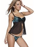 Womens Sexy Lingerie Flyaway Mesh Babydoll Padded Shelf Bra Matching Thong Blue Black