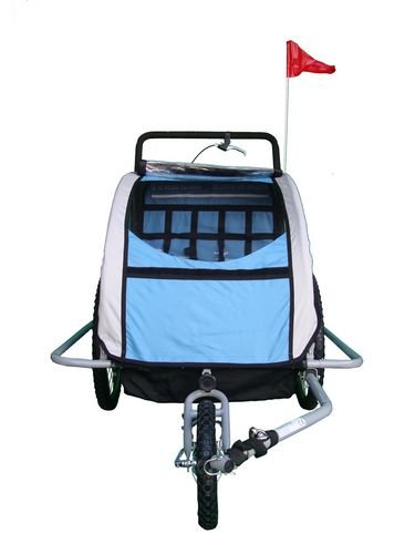 KMS Child 3 In 1 Folded Bike Trailer Stroller Jogger Seat Buggy Lightweight Blue Gray 1-2 Child 5 Point Harness With Canopy Visible Flag