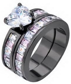 Khaopan Jewelry - Women White&Pink Princess CZ Band Heart Cut Topaz Gem Engagement Ring Set Size8
