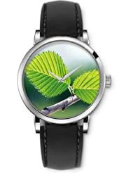 SPRAWL Aanalog Fashion Series Silver Ladies Watches of Genuine Black Leather Strap,Unique Wrist Watch for Women Girls Designed with green leaves